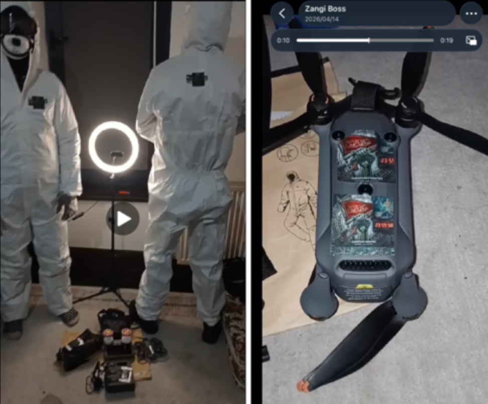 A screenshot included in court filings shows individuals wearing hazmat suits standing beside a drone carrying what appeared to be vials of white powder. Prosecutors allege the footage was used in propaganda tied to a claimed April 2026 attack on the Israeli Embassy in London involving carcinogenic and radioactive materials. (DOJ)