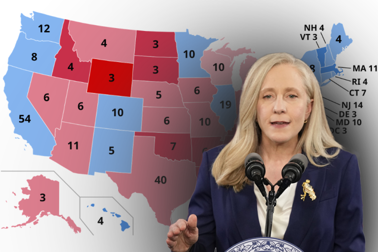 Virginia Gov. Abigail Spanberger with the 2024 Electoral College results as the background