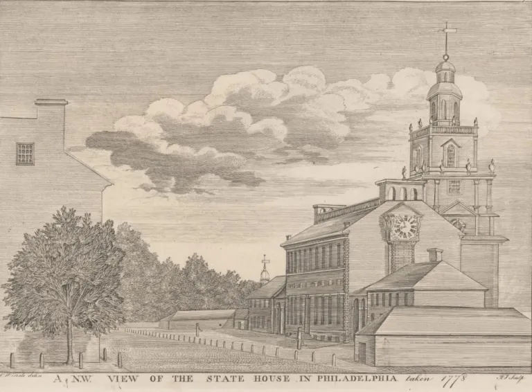A 1782 rendering courtesy of Mount Vernon of the state house in Philadelphia where the Second Continental Congress met.