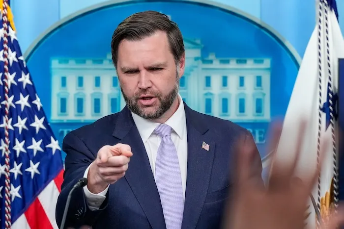 Vice President JD Vance speaks to reporters during a during a press briefing at the White House, Tuesday, May 19, 2026, in Washington. (AP Photo/Manuel Balce Ceneta)