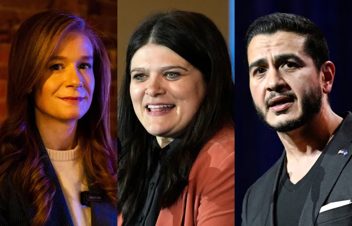 From left to right: State Sen. Mallory McMorrow, Rep. Haley Stevens (D-MI), Abdul El-Sayed (Emily Elconin/AP; Carlos Osorio/AP; Jose Juarez/AP)