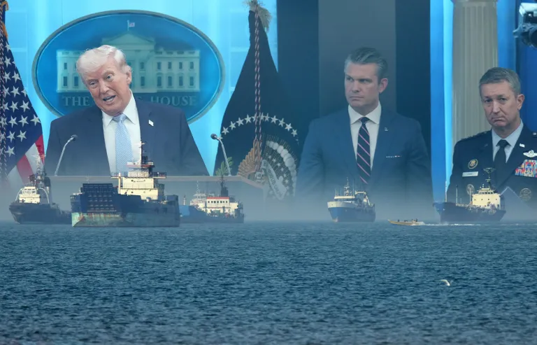 President Donald Trump, Defense Secretary Pete Hegseth and Chairman of the Joint Chiefs of Staff Gen. Dan Caine layered on the Strait of Hormuz. (Mark Schiefelbein/AP; Amirhosein Khorgooi/ISNA via AP)