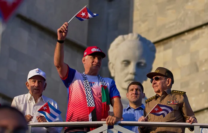 Left to right: Cuban revolutionary Jose Ramon Machado Ventura, Cuban President Miguel Diaz-Canel, and Raul Castro. (Ramon Espinosa/AP)