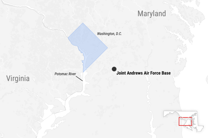 Location of Joint Andrews Air Force Base in Prince George's County, Maryland