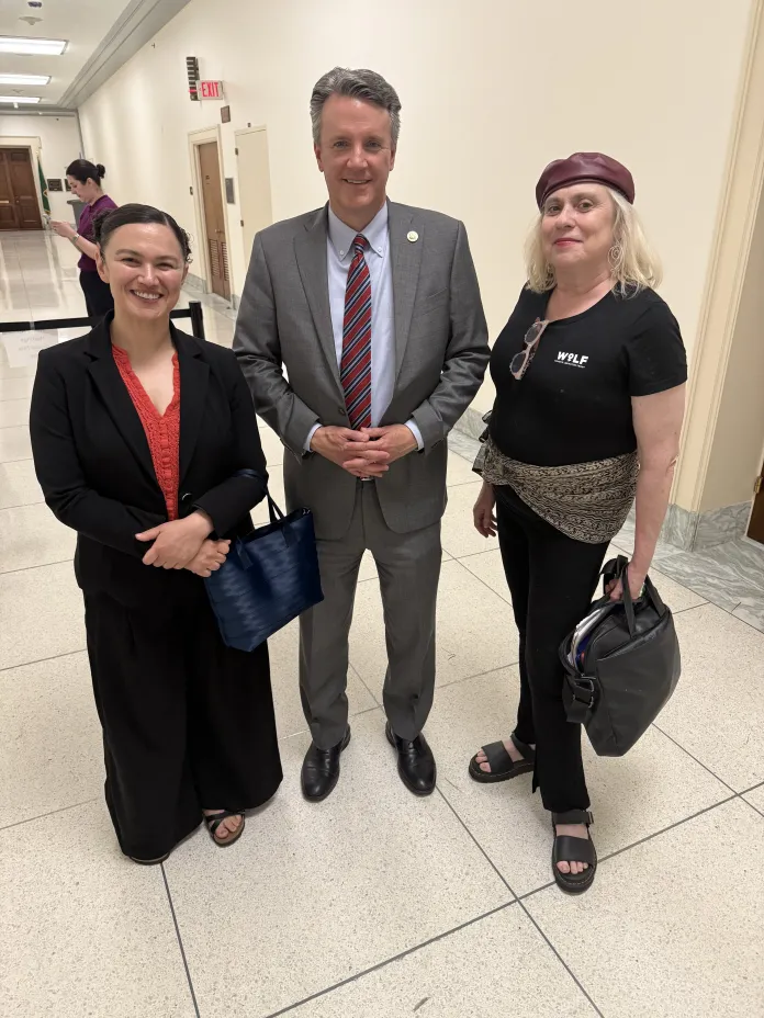 Rep. Ben Cline (R-VA) posing for a picture with Brianna Pressley (left) and Margot Heffernan (right). (Courtesy of the Women’s Liberation Front)