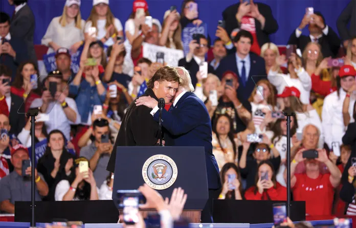 New York Giants quarterback Jaxson Dart and President Donald Trump during an event at Rockland Community College in Suffern, New York on May 22, 2026. (Michael Nagle/Bloomberg via Getty Images)