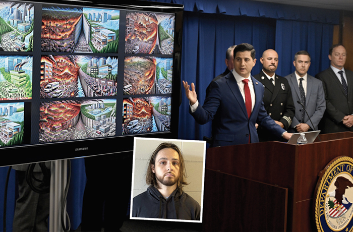 Acting U.S. Attorney Bill Essayli points to images that suspect Jonathan Rinderknecht (inset) allegedly created through ChatGPT that federal authorities say show a city burning during a press conference in Los Angeles on Oct. 8, 2025. (Los Angeles Daily News via Getty Images; inset: US Attorney’s Office via AP)