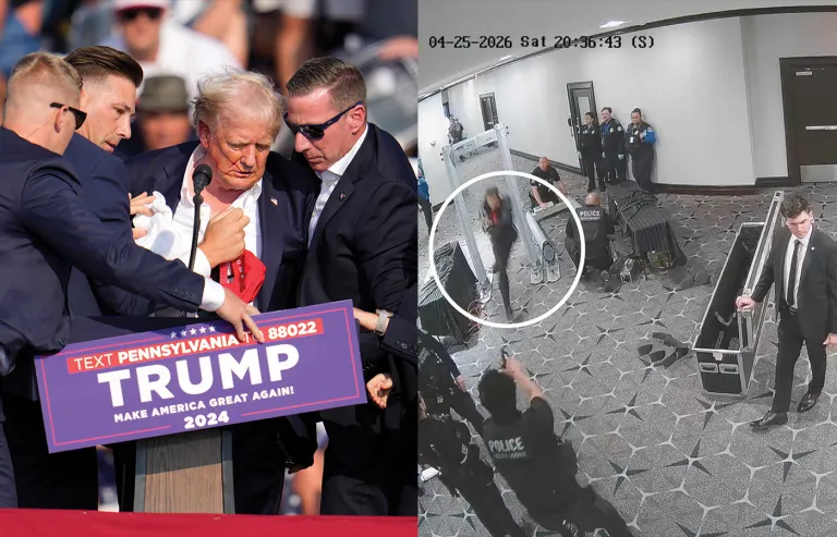 Left: Then Republican presidential candidate President Donald Turmp is helped off the stage at a campaign event in Butler, Pennsylvania, on July 13, 2024, after being shot. (Gene J. Puskar/AP) Right: White House Correspondents' Dinner shooting suspect Cole Allen runs past the Washington Hilton ballroom security checkpoint. (The Justice Department)