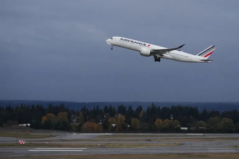 An Air France airplane takes off at Seattle-Tacoma International Airport.