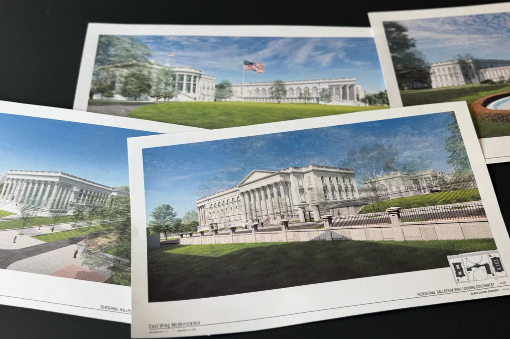 Artist renderings of the new White House East Wing and Ballroom are photographed Tuesday, March 31, 2026. (AP Photo/Jon Elswick)