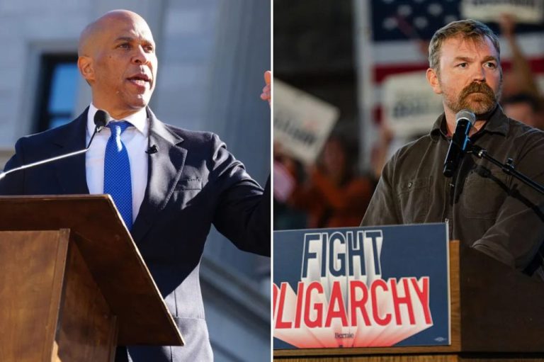 A collage of Sen. Cory Booker (D-NJ) and Maine Senate candidate Graham Platner.