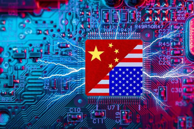 A square-shaped flag splits between China's emblem and the U.S. flag in front of electrical lining to show supply chain infrastructure technology.