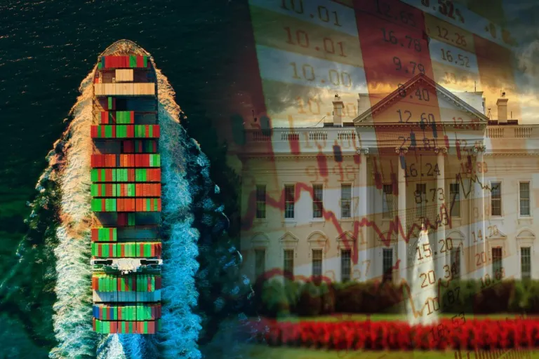 White House embedded with a ship filled with cargo on the left representing international trade and how Trump's tariffs have affected trade policy and the U.S. economy.