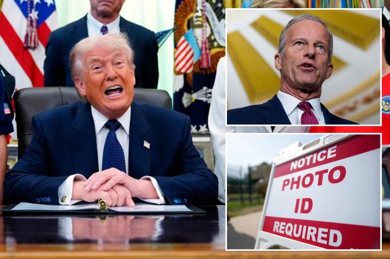 Collage of President Donald Trump, Senate Majority Leader John Thune (R-SD), and voter ID