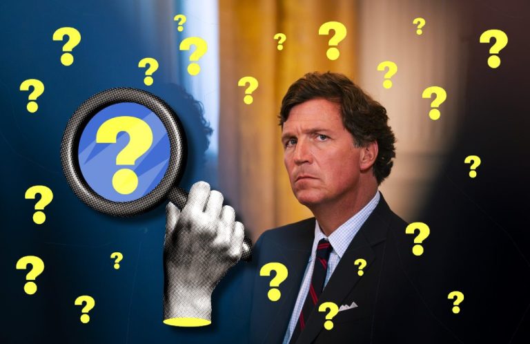 Tucker Carlson with question marks all around him as he is another media influencer for conservatives who has gone mad.