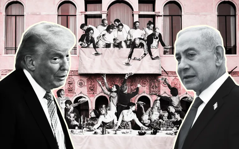 President Donald Trump and Israeli Prime Minister Benjamin Netanyahu shown over art of Venice, Italy.