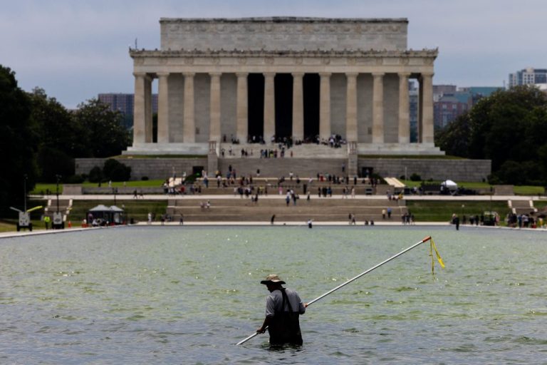 Worker cleans algae from the Lincoln Memorial Reflecting Pool.