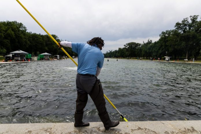 Worker cleans algae from the Lincoln Memorial Reflecting Pool.