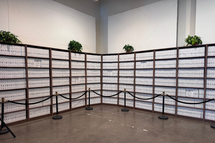 Epstein files on shelves.