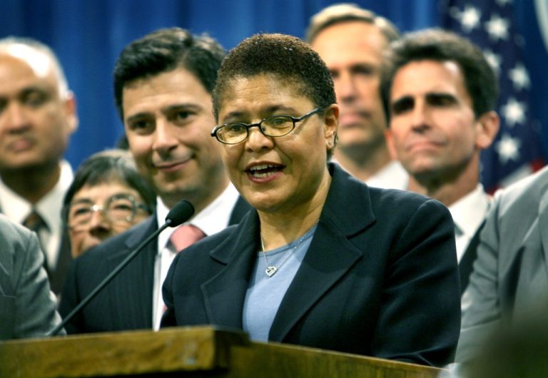 Assembly Majority Leader Karen Bass, D-Los Angeles, center, is joined by fellow legislators as she speaks at a news conference after she was elected to become the next speaker of the California State Assembly at the Capitol in Sacramento, Calif., on Thursday, Feb. 28, 2008.(AP Photo/Steve Yeater)