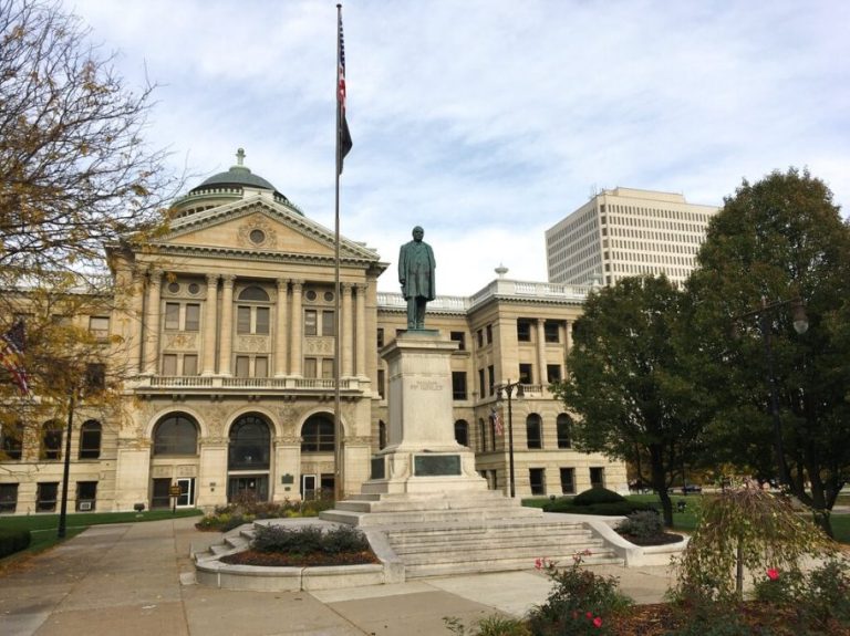 The Lucas County Courthouse is shown Wednesday, Oct. 28, 2020, in Toledo, Ohio.