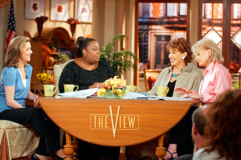 FILE - Co-hosts, from left, Meredith Vieira, Star Jones, Joy Behar and Barbara Walters sit on the set of 