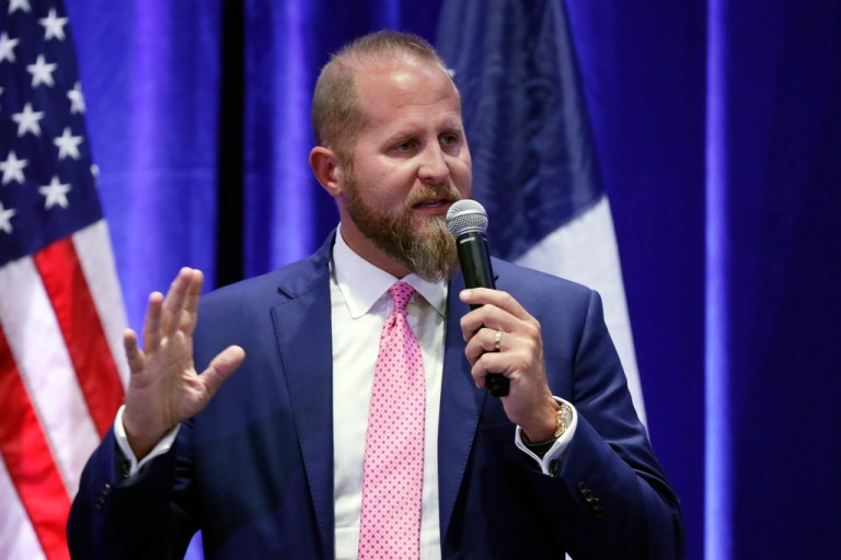 In this Tuesday, Oct. 15, 2019, file photo, Brad Parscale, then-campaign manager to President Donald Trump, speaks to supporters during a panel discussion, in San Antonio.