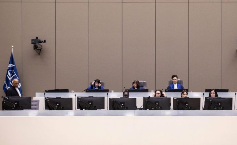 Judges Tomoko Akane, Kimberly Prost and Keebong Paek sit before delivering the verdict in the al Hassan case of the International Criminal Court in The Hague, Netherlands, Wednesday Nov. 20, 2024.