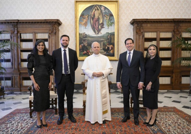 Pope Leo XIV stands for a family photo with Vice President JD Vance, his wife Usha Vance, Secretary of State Marco Rubio, and his wife Jeanette Dousdebes Rubio, on the occasion of their meeting at the Vatican, Monday, May 19, 2025.