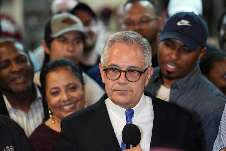 Democratic Philadelphia District Attorney Larry Krasner speaks during a primary election night event in Philadelphia, Tuesday, May 20, 2025. (AP Photo/Matt Rourke)