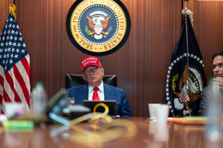 In this image provided by the White House, President Donald Trump and Secretary of State Marco Rubio sit in the Situation Room, Saturday, June 21, 2025.