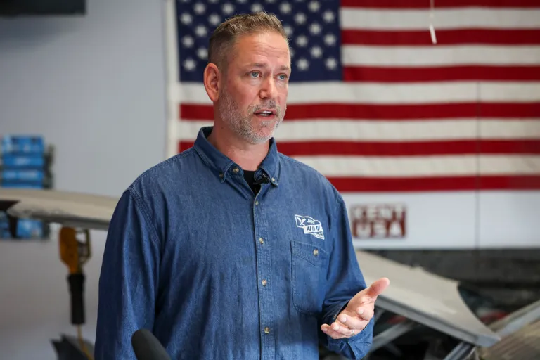 Dan Osborn, Independent candidate for U.S. Senate, speaks during a news conference, May 15, 2024, at his home in Omaha, Neb. (Nikos Frazier/Omaha World-Herald via AP)