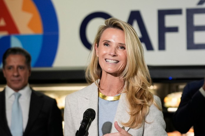 First partner Jennifer Siebel-Newsom, wife of Gov. Gavin Newsom, speaks at a news conference at Belvedere Middle School, Wednesday, Oct. 8, 2025, in Los Angeles.