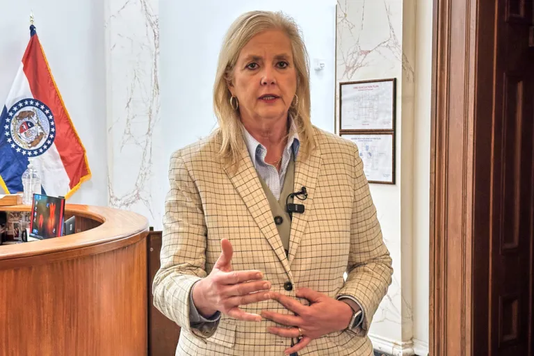 Missouri Attorney General Catherine Hanaway speaks to reporters on Wednesday, Nov. 19, 2025, at her office in Jefferson City, Mo. (AP Photo/David A. Lieb)