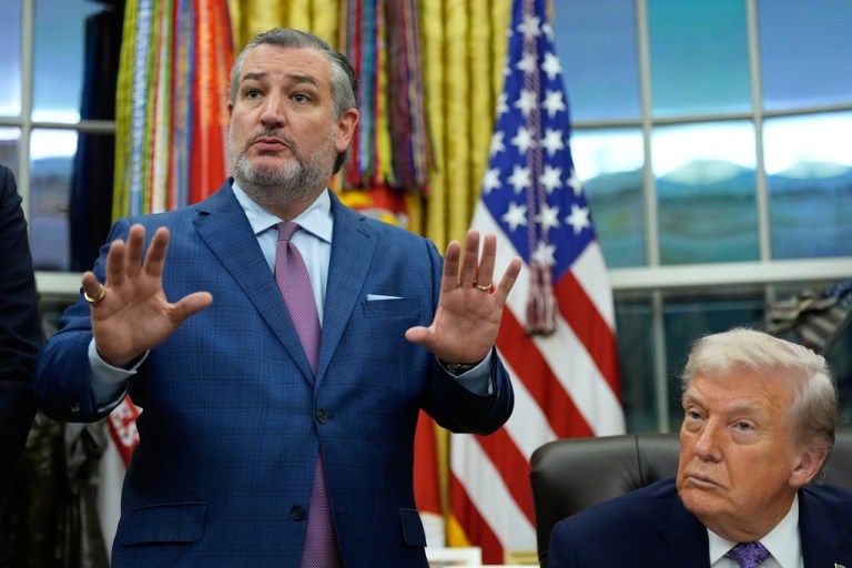 Ted Cruz R-Texas, left, speaks during a signing ceremony regarding AI initiatives with President Donald Trump in the Oval Office of the White House, Thursday, Dec. 11, 2025, in Washington