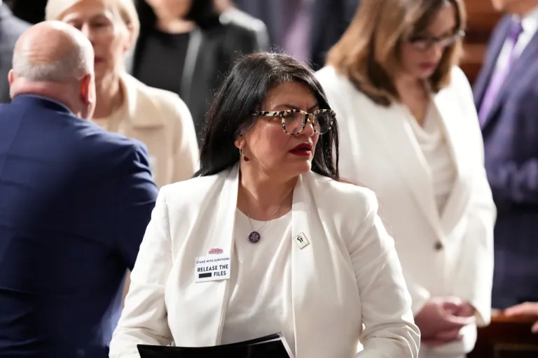 Rep. Rashida Tlaib, D-Mich., is seen before President Donald Trump delivers the State of the Union address to a joint session of Congress in the House chamber at the U.S. Capitol in Washington, Tuesday, Feb. 24, 2026. (AP Photo/Alex Brandon)