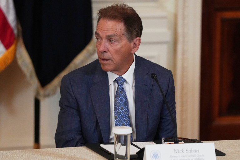 Former Alabama head coach Nick Saban is seen before a roundtable discussion about college sports in the East Room of the White House, Friday, March 6, 2026, in Washington. (AP Photo/Julia Demaree Nikhinson)