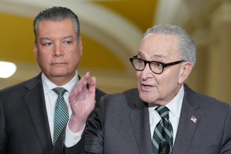 Senate Minority Leader Chuck Schumer, D-N.Y., right, speaks as Sen. Alex Padilla, D-Calif., listens during a news conference after a policy luncheon on Capitol Hill, Tuesday, March 17, 2026, in Washington. (AP Photo/Mariam Zuhaib)