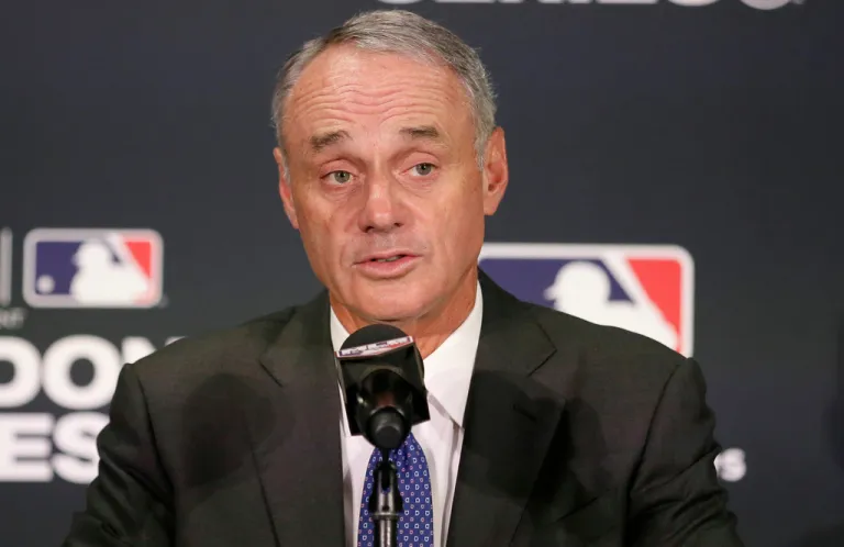 Major League Baseball commissioner Rob Manfred speaks during a news conference, June 29, 2019, in London.