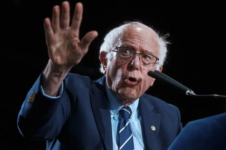 Sen. Bernie Sanders, I-Vt., speaks during an address marking New York City Mayor Zohran Mamdani's first 100 days in office at the Knockdown Center, Sunday, April 12, 2026, in New York. (AP Photo/Andres Kudacki) CORRECTION: Corrects Sanders' title from Representative to Senator