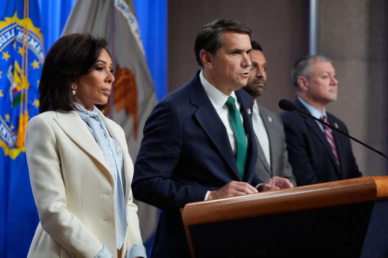 From left, U.S. Attorney Jeanine Pirro, Acting Attorney General Todd Blanche, FBI Director Kash Patel, and Acting Assistant Director for the Criminal Investigative Division at the FBI, Darren Cox, speak during a news conference at the Department of Justice, Monday April 27, 2026, in Washington, following the initial appearance in federal court of the suspected White House Correspondents Dinner gunman, Cole Tomas Allen of Torrance, Calif. (AP Photo/Manuel Balce Ceneta)