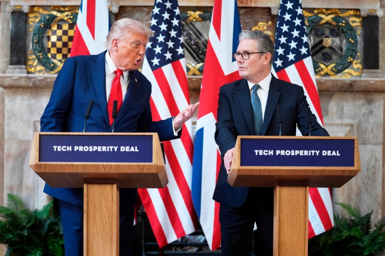 President Donald Trump gestures next to Britain's Prime Minister Keir Starmer