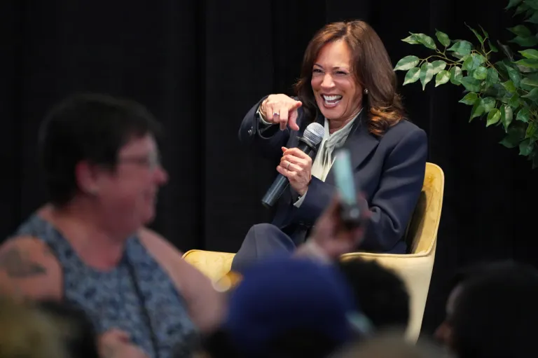 Former Vice President Kamala Harris speaks during a fireside chat on Thursday, May 7, 2026, in Las Vegas. (AP Photo/Ty ONeil)