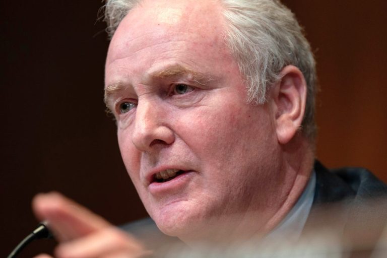Sen. Chris Van Hollen, D-Md., speaks during the Senate Subcommittee on Commerce, Justice, Science, and Related Agencies hearing on Fiscal Year 2027 Budget Request for the FBI, the Drug Enforcement Administration; the United States Marshals Service and the Bureau of Alcohol, Tobacco, Firearms and Explosives on Capitol Hill, Tuesday, May 12, 2026, in Washington. (AP Photo/Jose Luis Magana)