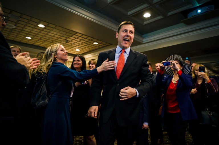 Tom Kean Jr., GOP candidate for New Jersey's 7th Congressional District, arrives at his election night party.