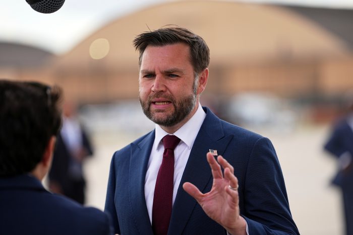Vice President JD Vance speaks with reporters upon arriving on Air Force Two at Joint Base Andrews, Md., Thursday, May 28, 2026.