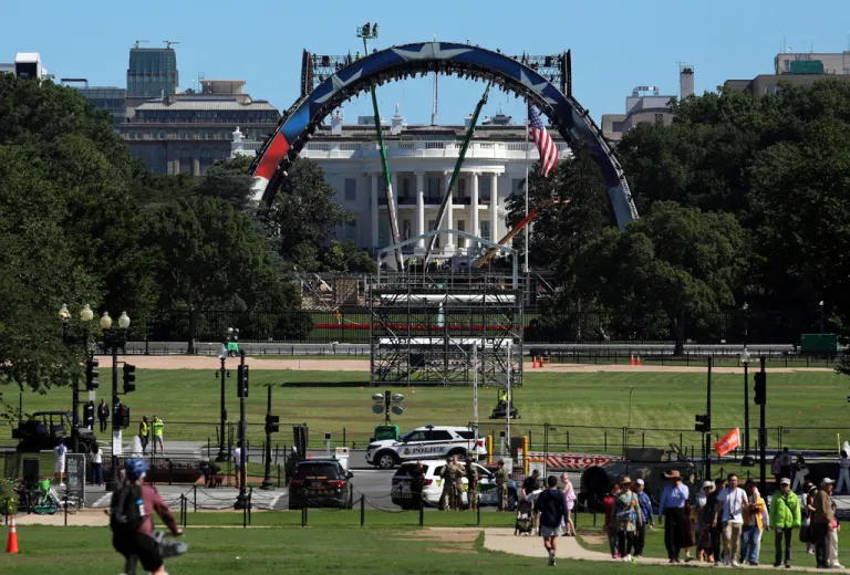 Construction continues at the White House to build a temporary structure for the June 14 Ultimate Fighting Championship (UFC) fight as part of the America 250 celebrations, seen Friday, May 29, 2026, in Washington.