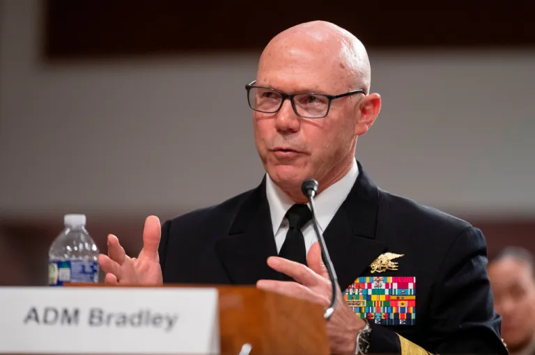 FILE - U.S. Navy Adm. Frank Bradley testifies before the Senate Committee on Armed Services on Capitol Hill in Washington, April 28, 2026.