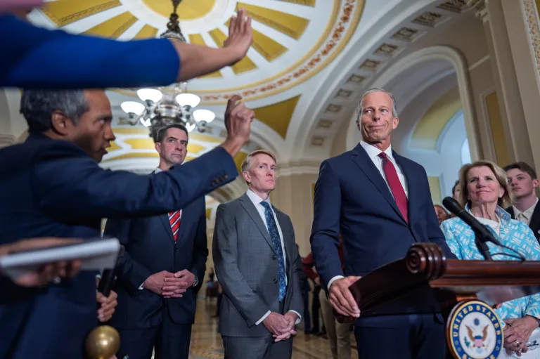 Senate Majority Leader John Thune, R-S.D., joined from left by Sen. Josh Hawley, R-Mo., Sen. James Lankford, R-Okla., and Sen. Shelley Moore Capito, R-W.Va., speaks to reporters after a closed-door meeting with fellow Republicans, at the Capitol in Washington, Tuesday, June 2, 2026.