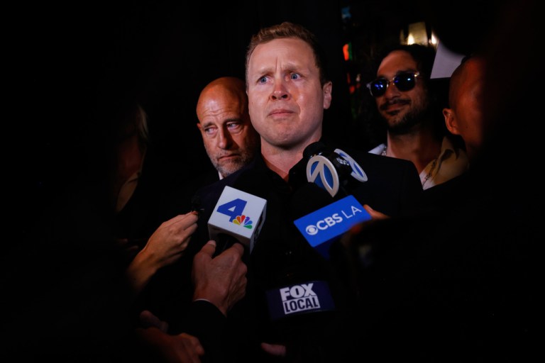 Spencer Pratt, a candidate in the Los Angeles mayoral race, fields interviews during an election night event Tuesday, June 2, 2026, in Los Angeles.